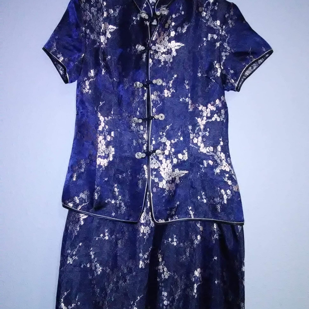 2 Pc Mandarin Collar Pankou Knot Floral Top & Skirt Set